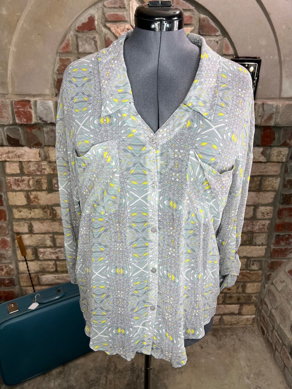 free people top button down blouse sheer geometric